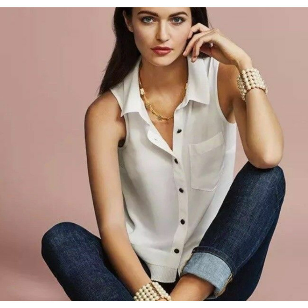 Cabi Top Blouse Size S Pleated Sleeveless Collared Semi-Sheer Button Down White